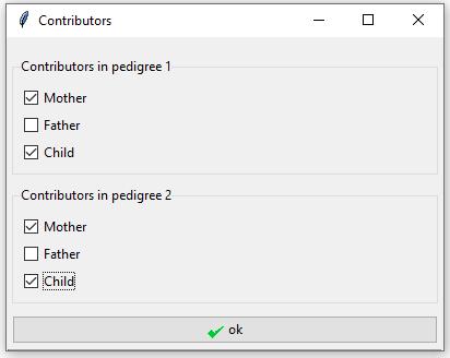 Figure 5: Specify mother and child as the contributors in both pedigrees in example 1.