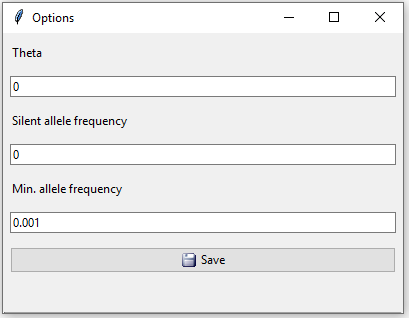 Figure 3: Database options. Theta value, silent allele frequency and minimum allele frequency.